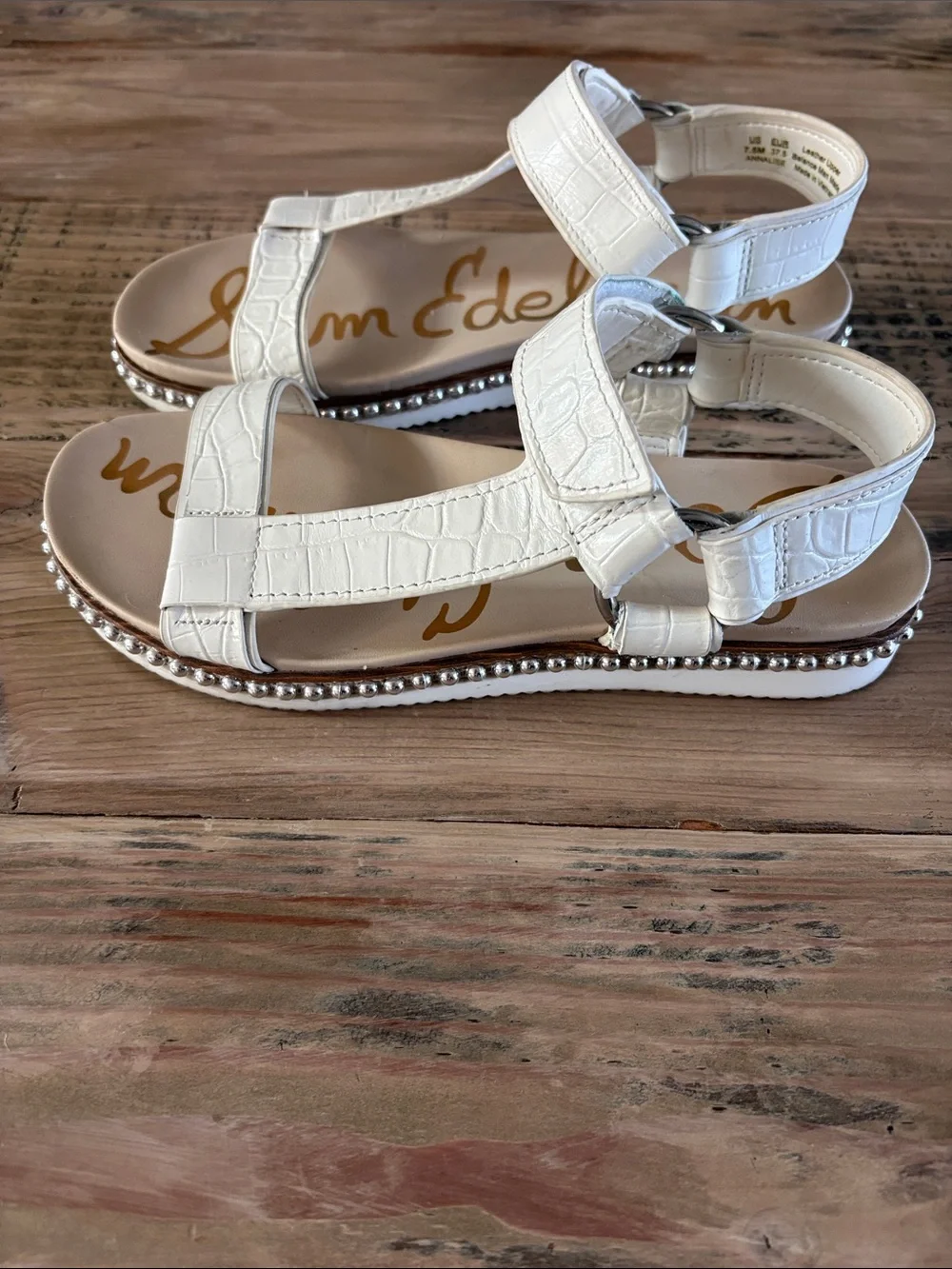 Sam Edelman White Croc-Embossed T-Strap Sandals